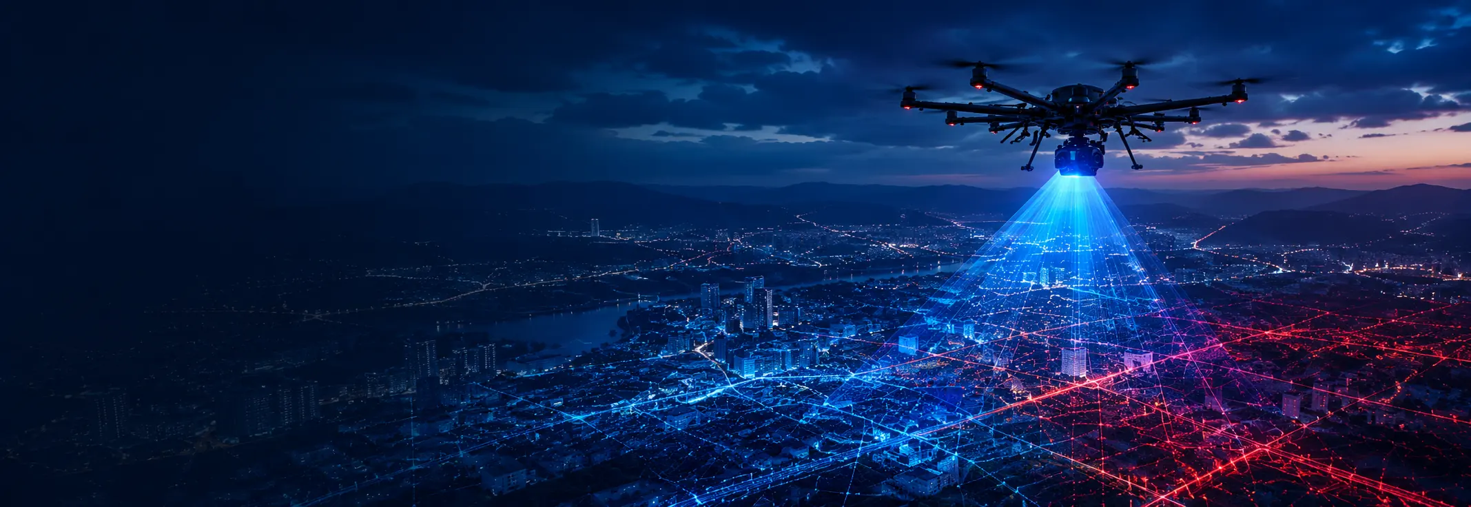 Drone realizando mapeamento LiDAR sobre cidade com malha digital