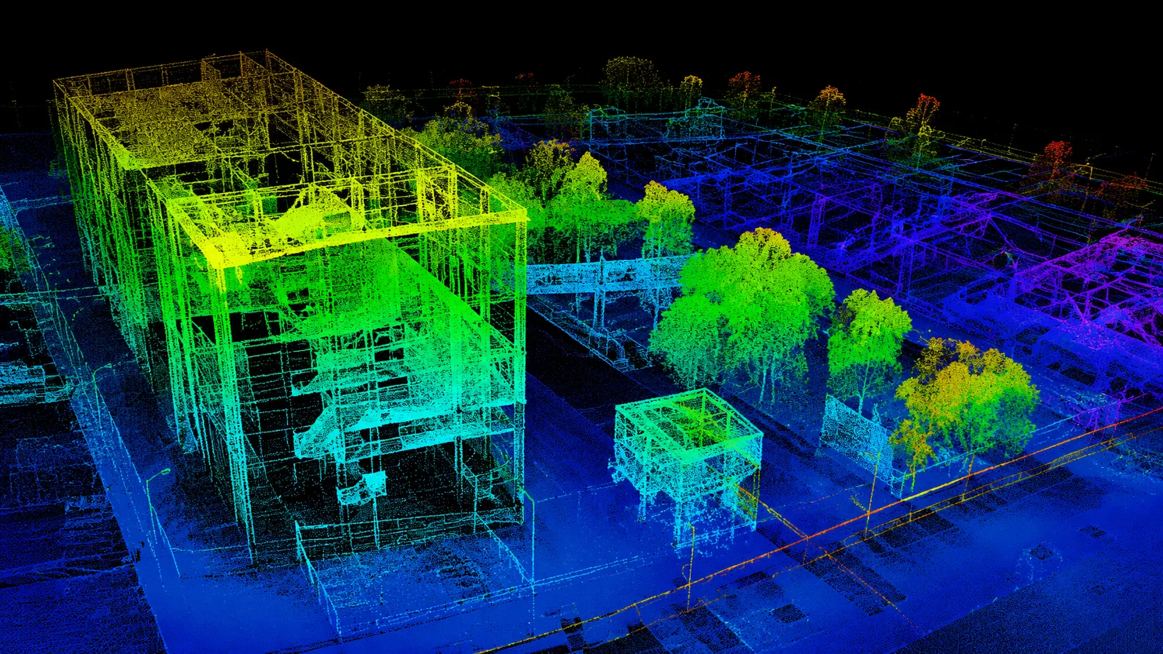 Nuvem de pontos LiDAR colorida de edifica&ccedil;&atilde;o e entorno urbano